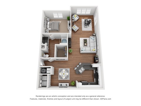 Floor plan for 1 bed, 1 bath, 949 sqft